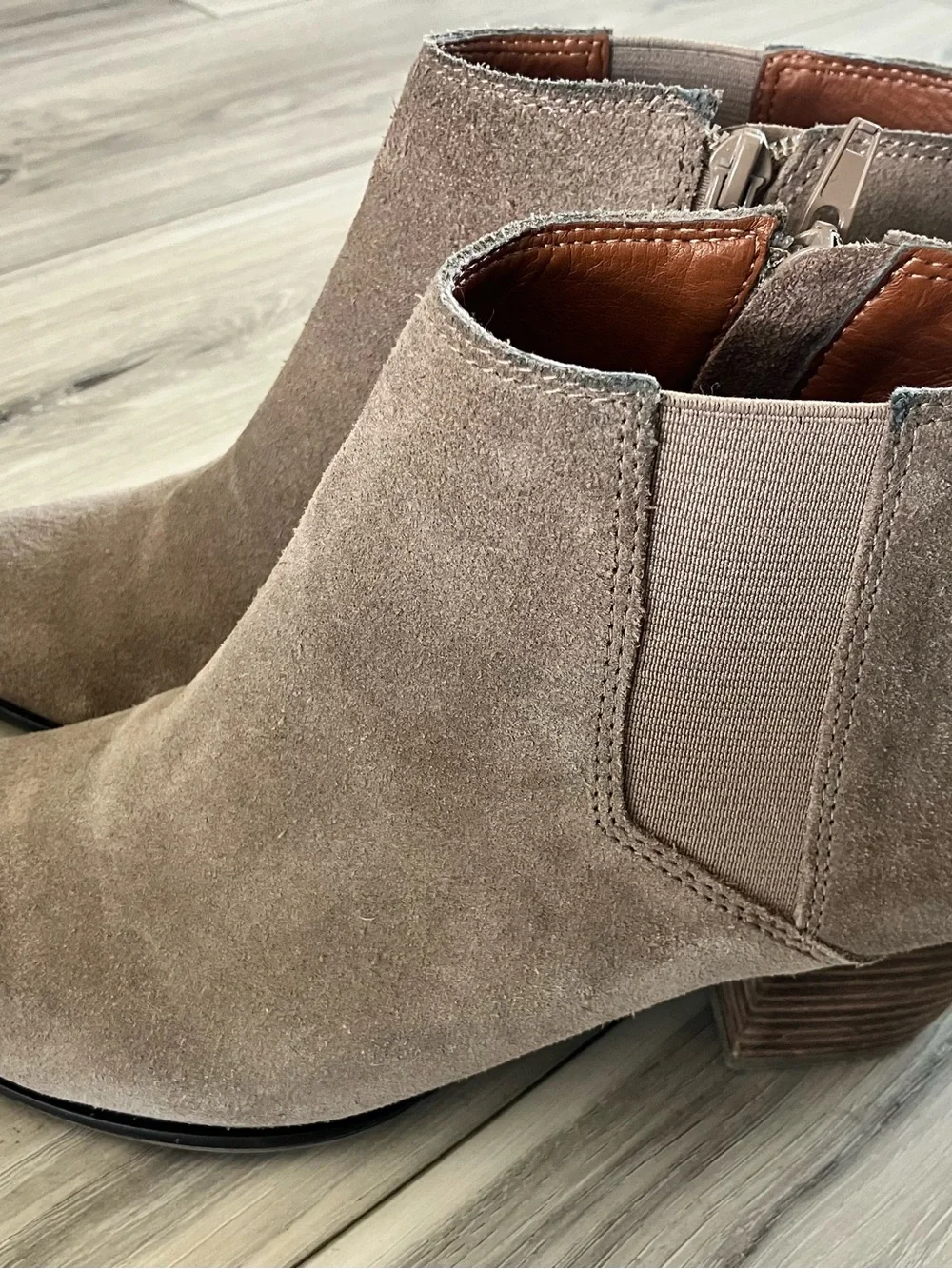 Lucky Brand Taupe Suede Ankle Booties with Stacked Heel